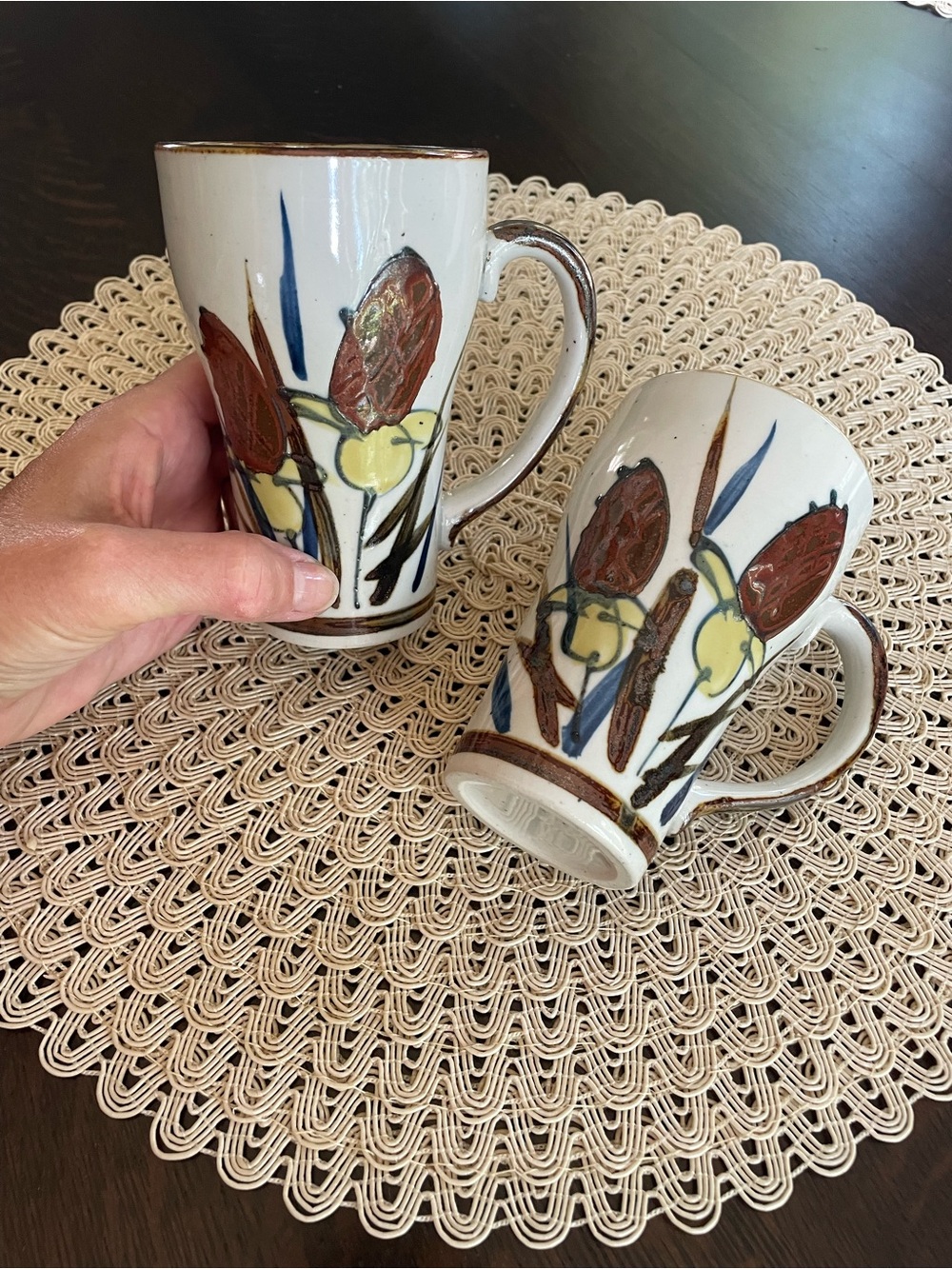 Source Unknown Hand-Painted Floral Ceramic Mugs in White, Brown, Blue, Yello